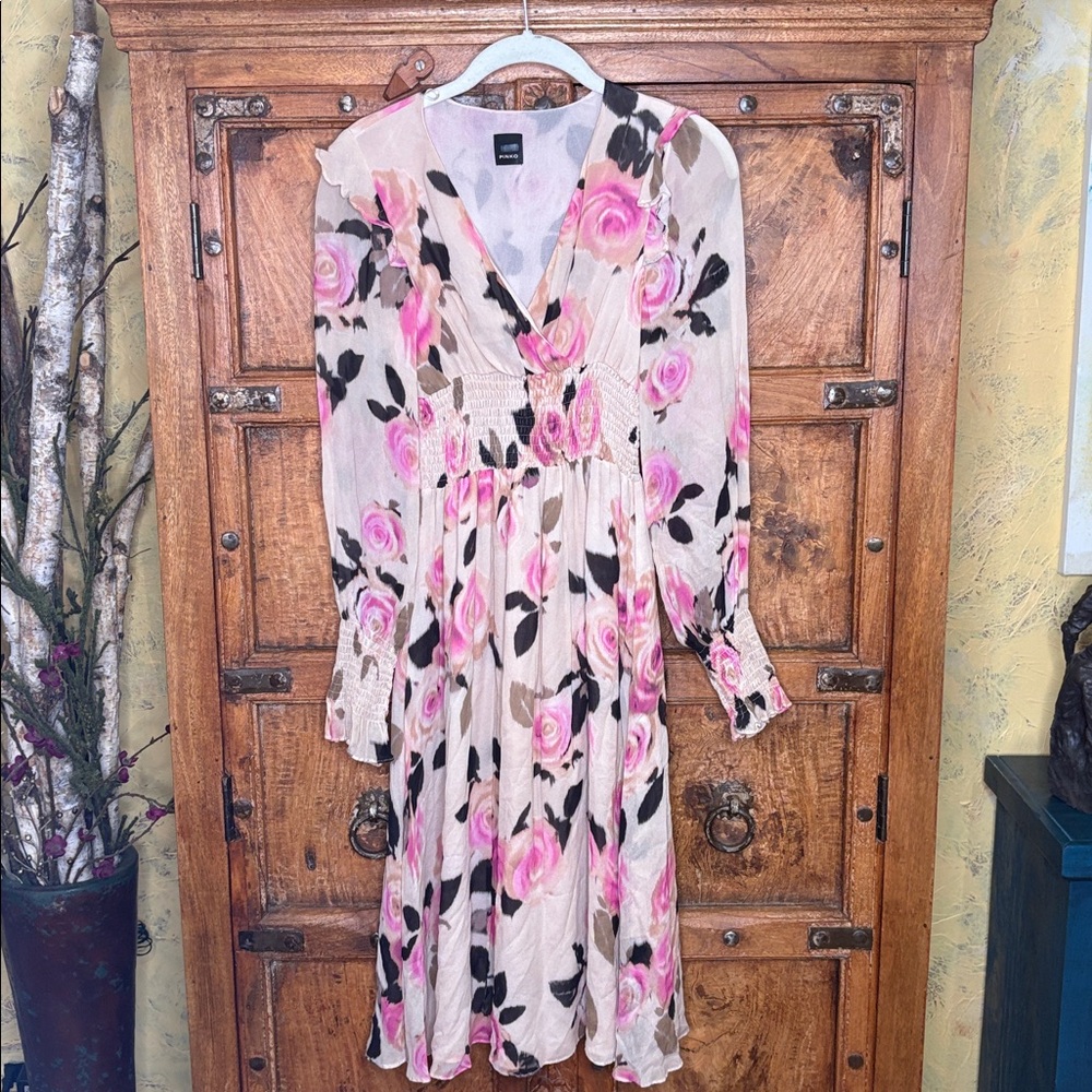 Pinko blooms smocked dress in pink roses ruffles flowy midi feminine Sz 2 - Picture 3 of 15